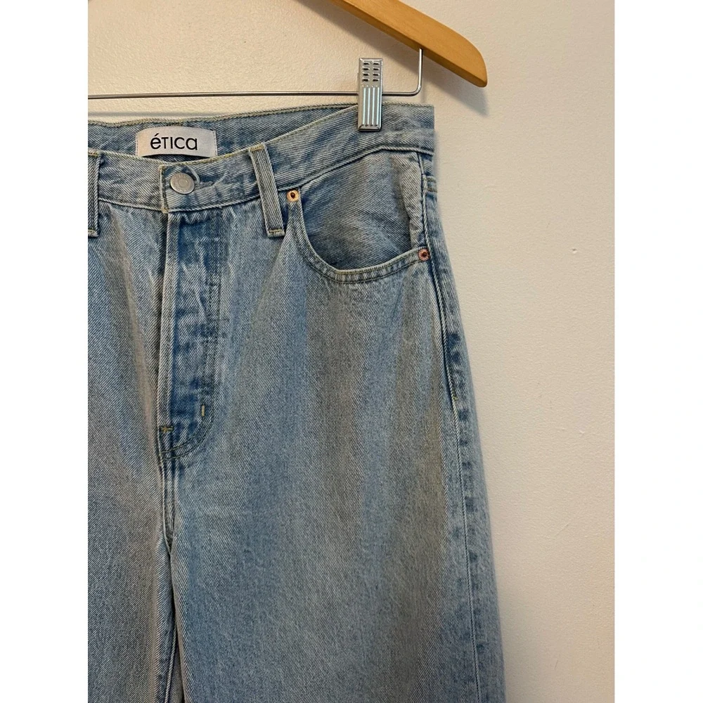 Etica Light Wash High Rise Wide Leg Raw Hem Jeans | Size 28